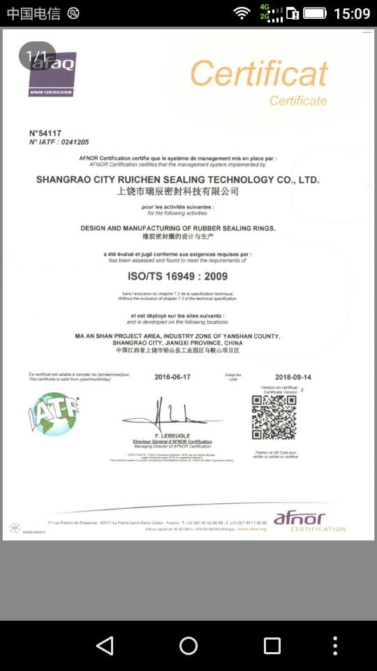 China Dongguan Ruichen Sealing Co., Ltd. Certification